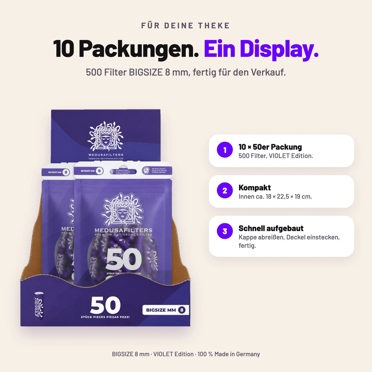 10er Thekendisplay 8 mm: 10 Packungen à 50 Filter, Maße und Aufbau