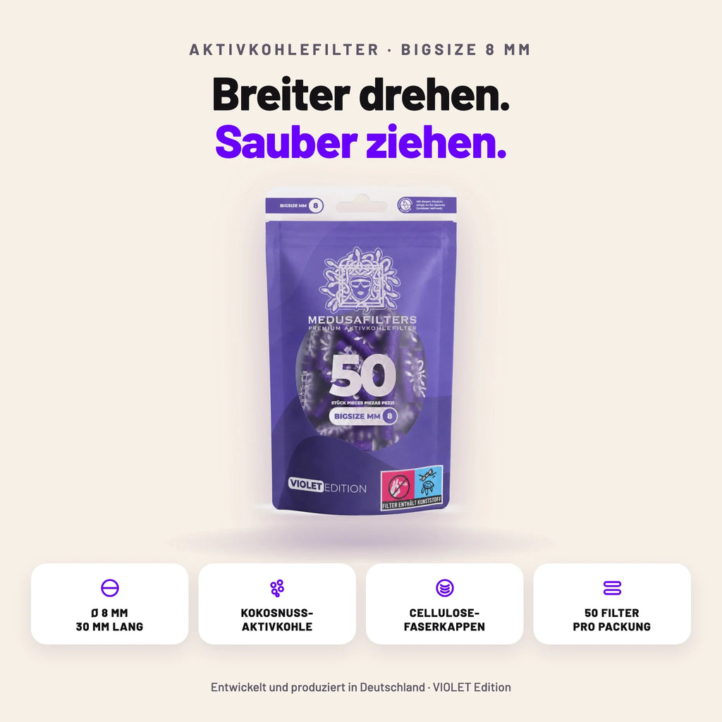 Aktivkohlefilter 8 mm BIGSIZE auf einen Blick: Ø 8 × 30 mm, Kokosnuss-Aktivkohle, Cellulose-Faserkappen, 50 Filter pro Packung