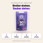 Aktivkohlefilter 8 mm BIGSIZE auf einen Blick: Ø 8 × 30 mm, Kokosnuss-Aktivkohle, Cellulose-Faserkappen, 50 Filter pro Packung