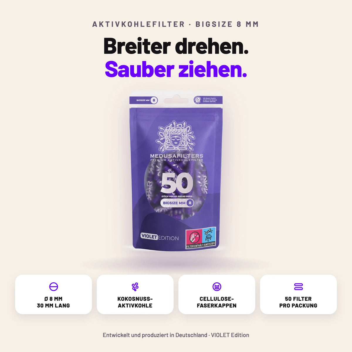Aktivkohlefilter 8 mm BIGSIZE auf einen Blick: Ø 8 × 30 mm, Kokosnuss-Aktivkohle, Cellulose-Faserkappen, 50 Filter pro Packung