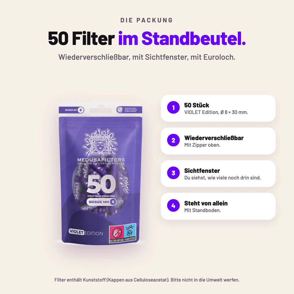 50 Filter im wiederverschließbaren Standbeutel mit Zipper, Sichtfenster und Standboden