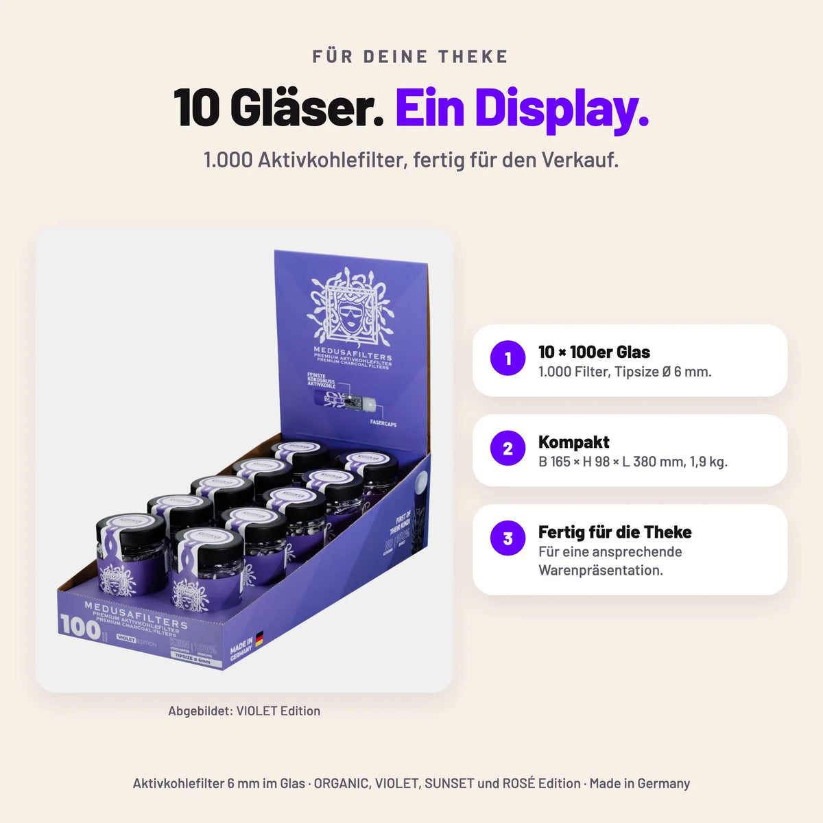 Thekendisplay mit 10 × 100er Glas Aktivkohlefilter 6 mm, 1.000 Filter, Maße B 165 × H 98 × L 380 mm, abgebildet in der VIOLET Edition