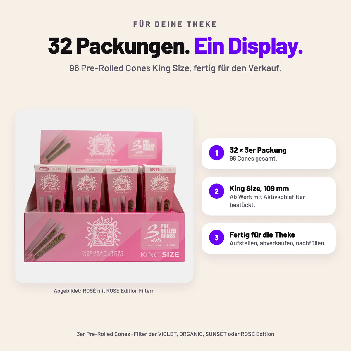 32er Thekendisplay mit 3er Pre-Rolled Cones King Size 109 mm, 96 Cones, abgebildet in ROSÉ mit ROSÉ Edition Filtern