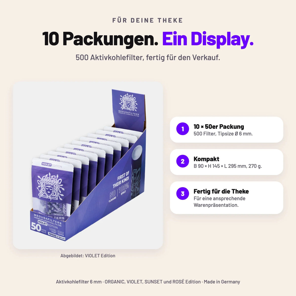 Thekendisplay mit 10 × 50er Packung Aktivkohlefilter 6 mm, 500 Filter, Maße B 90 × H 145 × L 295 mm, abgebildet in der VIOLET Edition