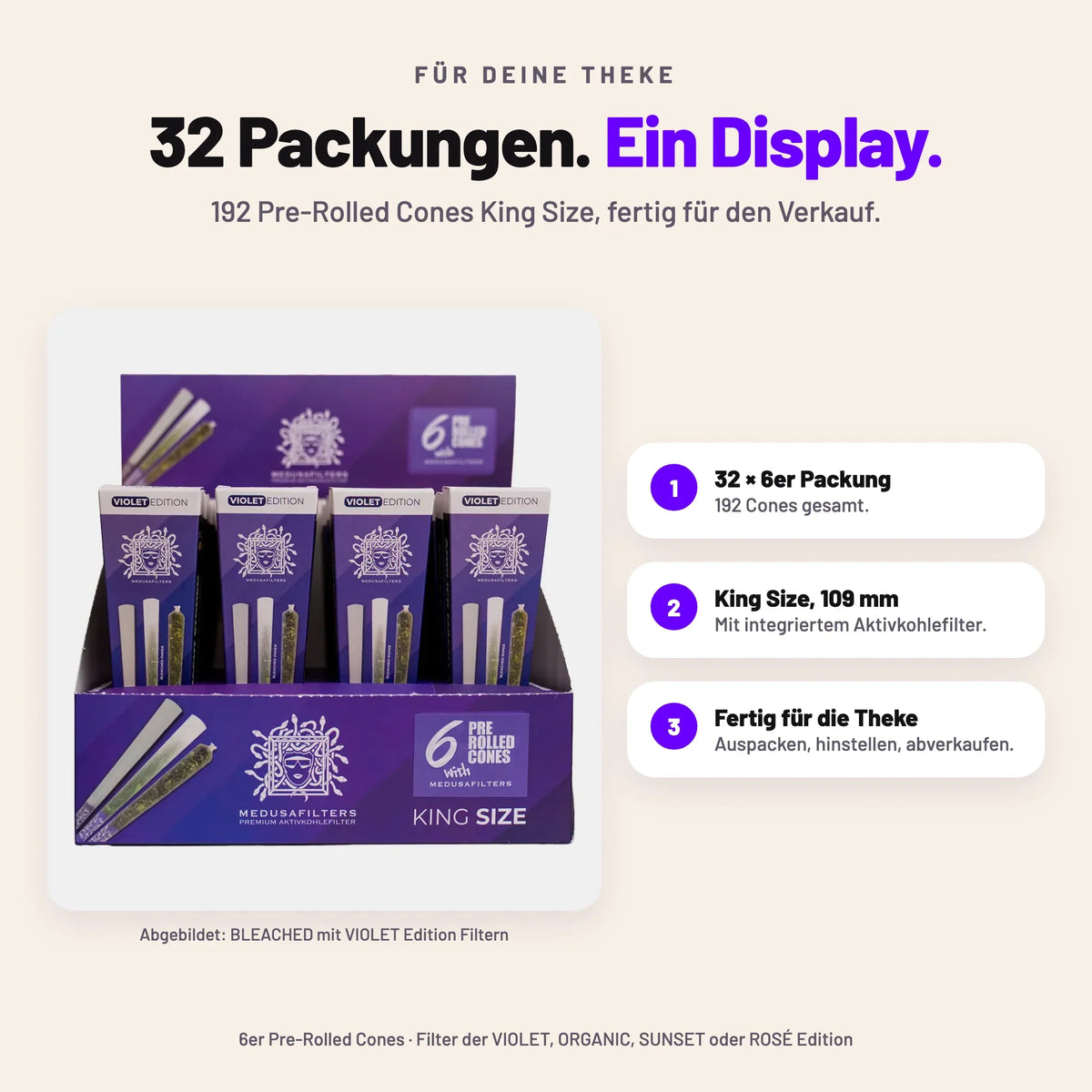 32er Thekendisplay mit 6er Pre-Rolled Cones King Size 109 mm, 192 Cones, abgebildet in BLEACHED mit VIOLET Edition Filtern