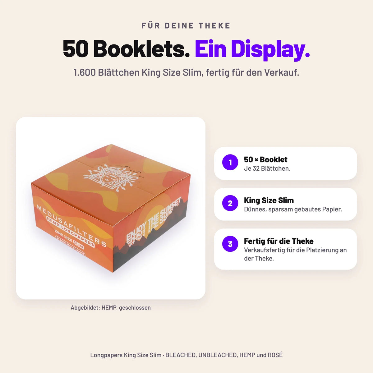 50er Display Longpapers King Size Slim mit 50 Booklets à 32 Blättchen, abgebildet in HEMP, geschlossen