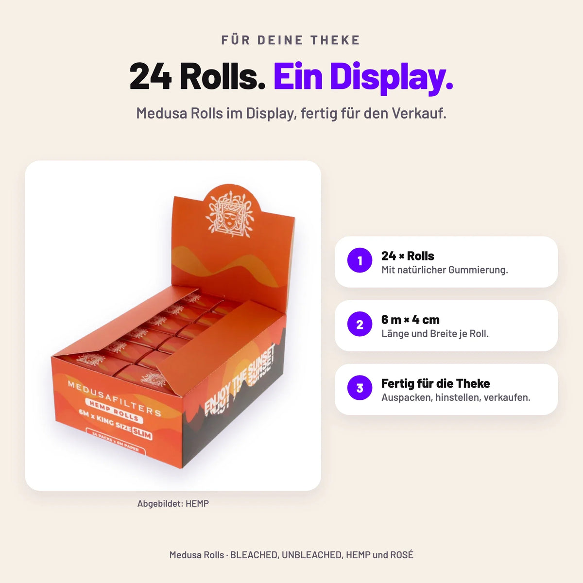24er Display Medusa Rolls mit 24 Rolls je 6 m × 4 cm, abgebildet in HEMP
