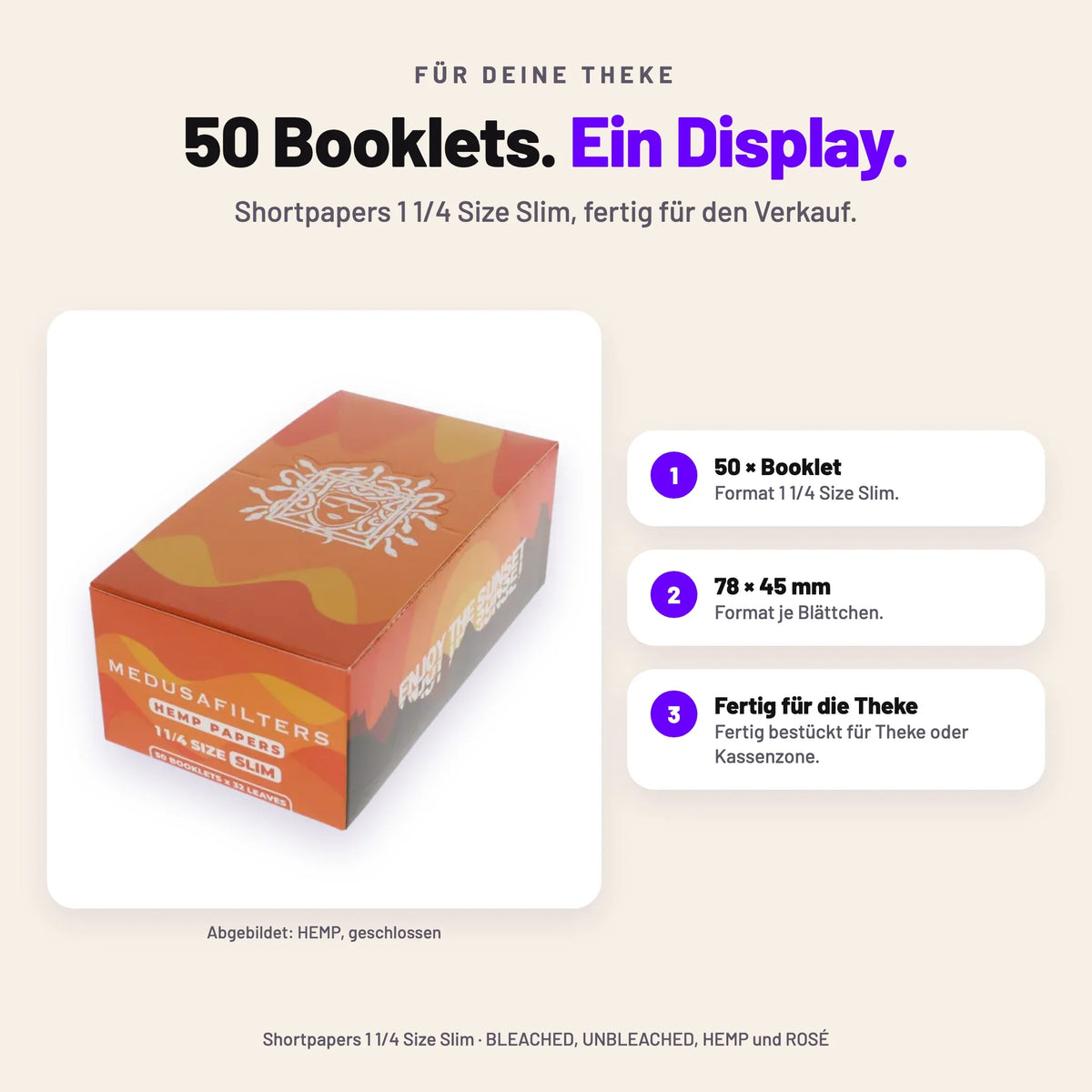 50er Display Shortpapers 1 1/4 Size Slim mit 50 Booklets, Format 78 × 45 mm, abgebildet in HEMP, geschlossen