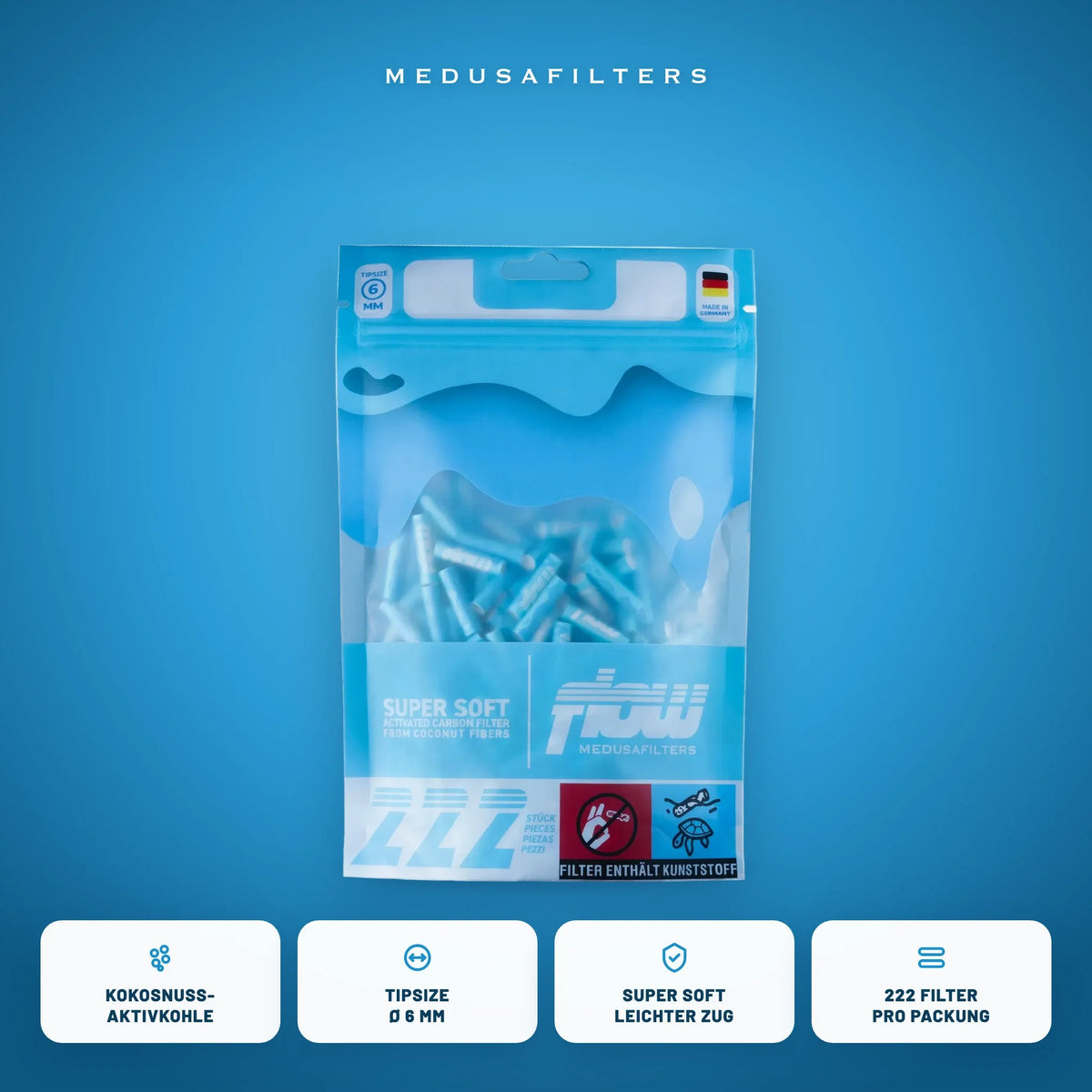 FLOW Aktivkohlefilter 6 mm, 222er-Packung, Kokosnuss-Aktivkohle, Tipsize 6 mm, leichter Zug