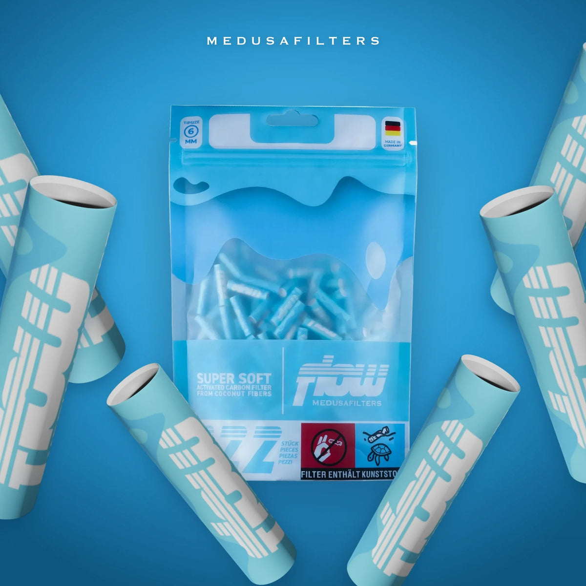 FLOW 222er-Packung mit verstreuten FLOW Aktivkohlefiltern