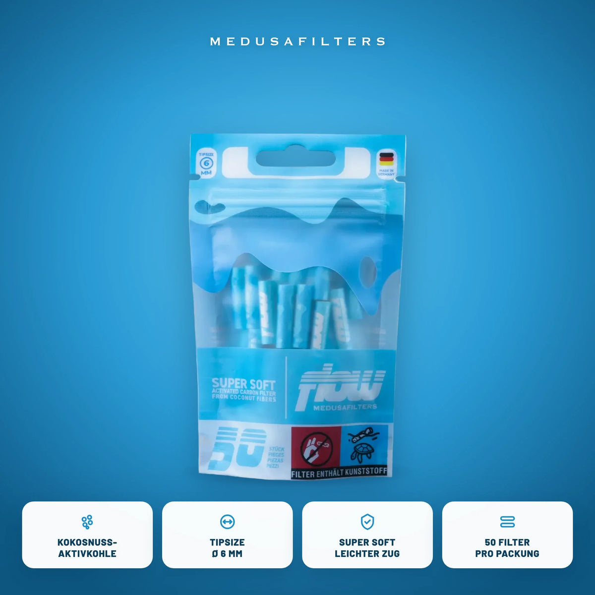 FLOW Aktivkohlefilter 6 mm, 50er-Packung, Kokosnuss-Aktivkohle, Tipsize 6 mm, leichter Zug