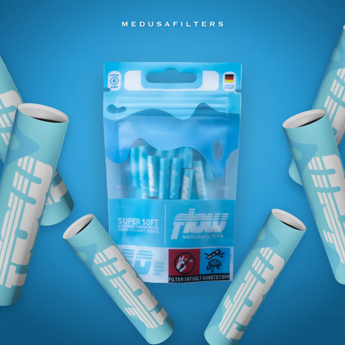 FLOW 50er-Packung mit verstreuten FLOW Aktivkohlefiltern