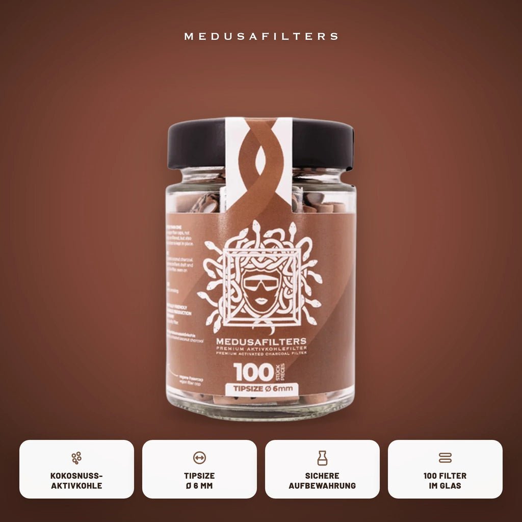 Medusafilters Aktivkohlefilter 6 mm im Glas, 100 Filter ORGANIC, Kokosnuss-Aktivkohle, Tipsize 6 mm