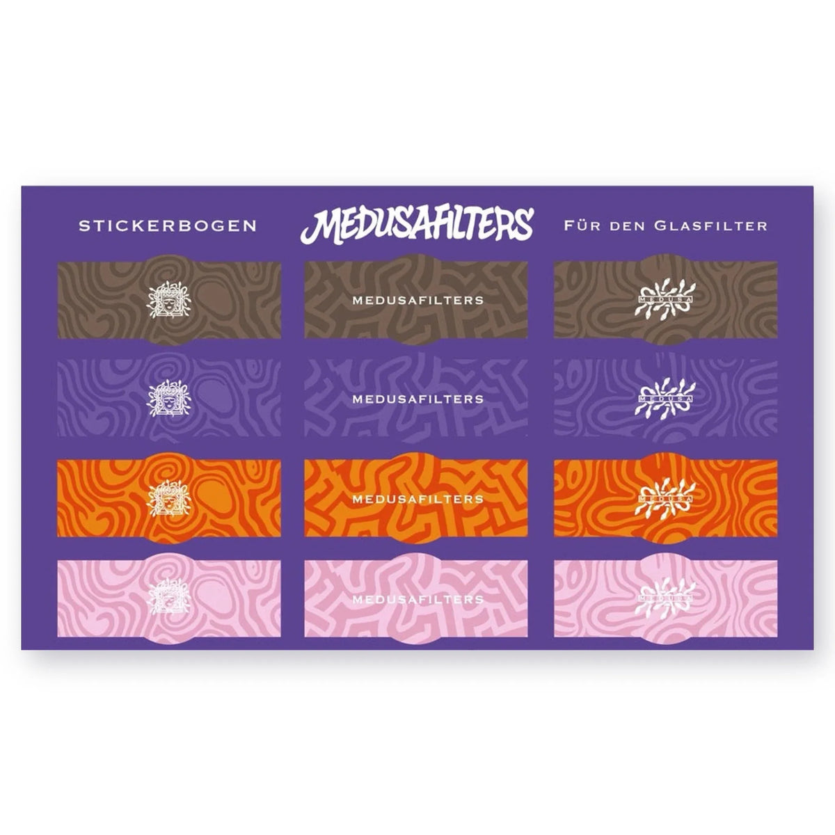 Stickerbogen für den Glasfilter mit 12 Stickern in vier Farben und drei Motiven