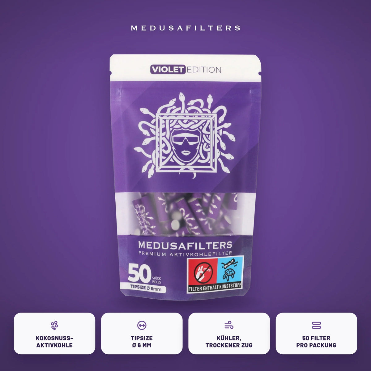Medusafilters Aktivkohlefilter 6 mm VIOLET Edition, 50er-Packung, Kokosnuss-Aktivkohle, Tipsize 6 mm
